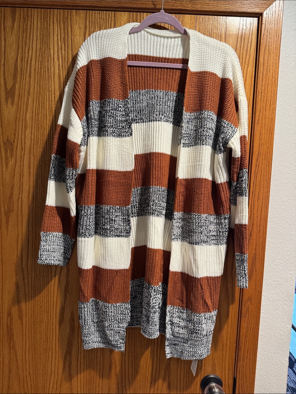 Cupshe Striped Open-Front Cardigan in Cream, Rust & Marled Gray